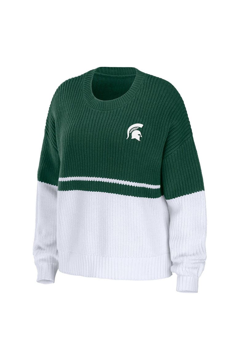 Women's WEAR by Erin Andrews Green/White Michigan State Spartans Boucle Jacquard Patch Chunky Sweater, Alternate, color, Hunter Green