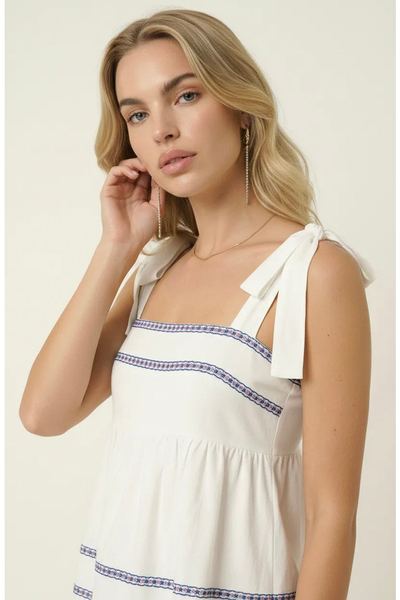 Sleeveless Tiered Mini Dress with Bow Tie Shoulder Straps and Smocked Empire Waist, Alternate, color, Ivory