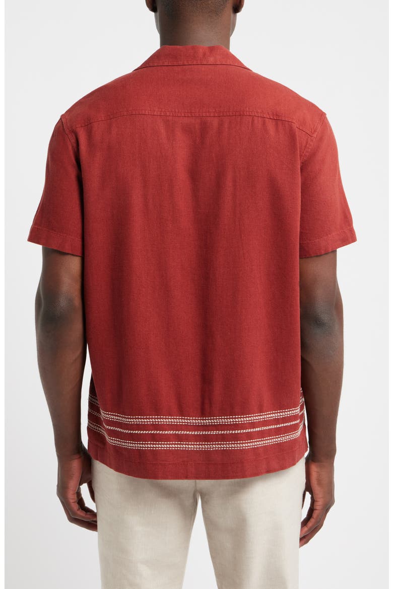 Frame Embroidered Short Sleeve Linen Blend Button-Up Shirt, Alternate, color, RED BRICK FRAMED BORDER