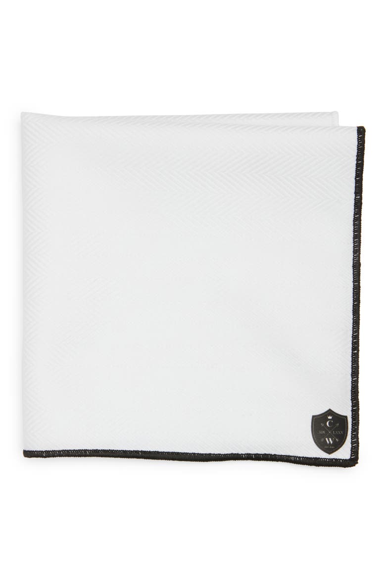 White Cotton Herringbone Pocket Square with Black Trim, Main, color, BLACK
