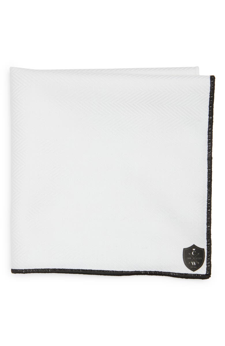 CLIFTON WILSON White Cotton Herringbone Pocket Square with Black Trim, Main, color, Black