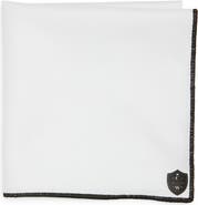 CLIFTON WILSON White Cotton Herringbone Pocket Square with Black Trim