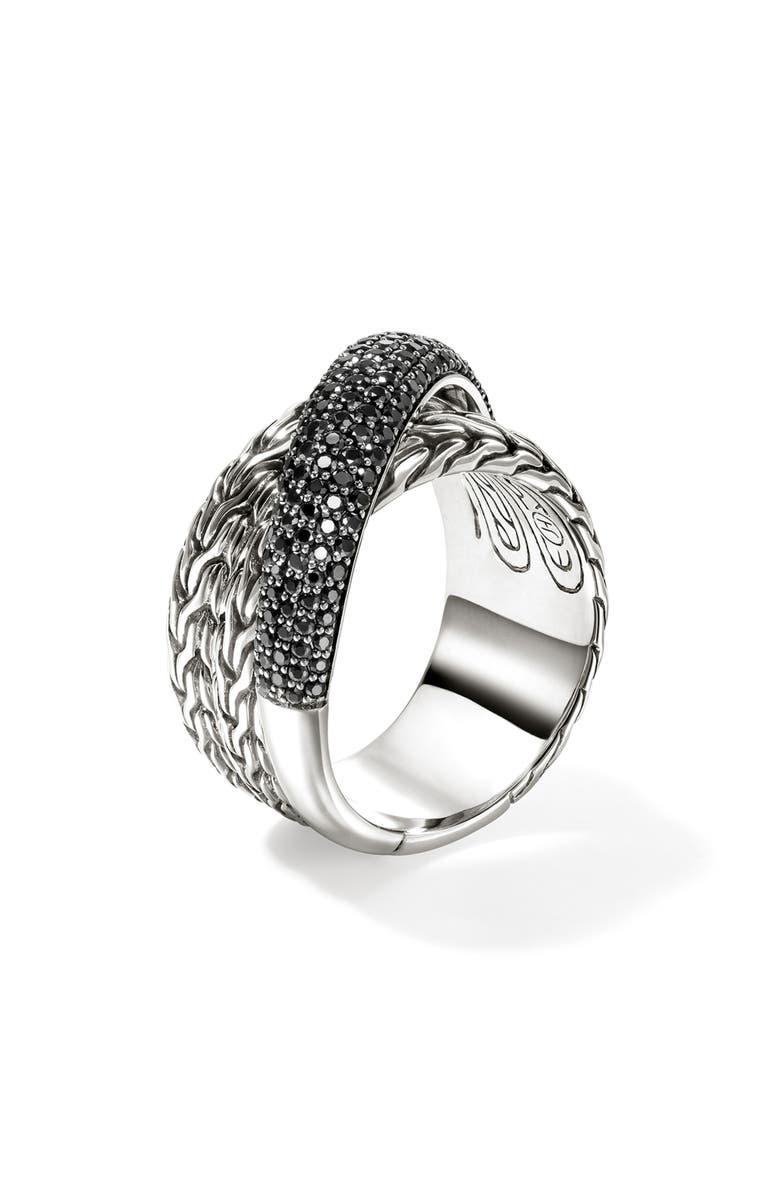 John Hardy JH Essential Pavé Crossover Ring, Sterling Silver, Gemstones, Alternate, color, Silver/Black Diamonds