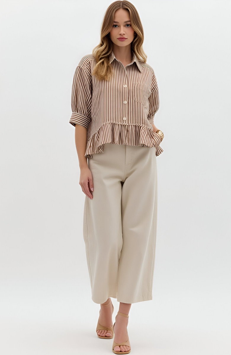 Modenaire Striped Button Front Blouse with 3/4 Sleeves and Ruffle Hem, Alternate, color,