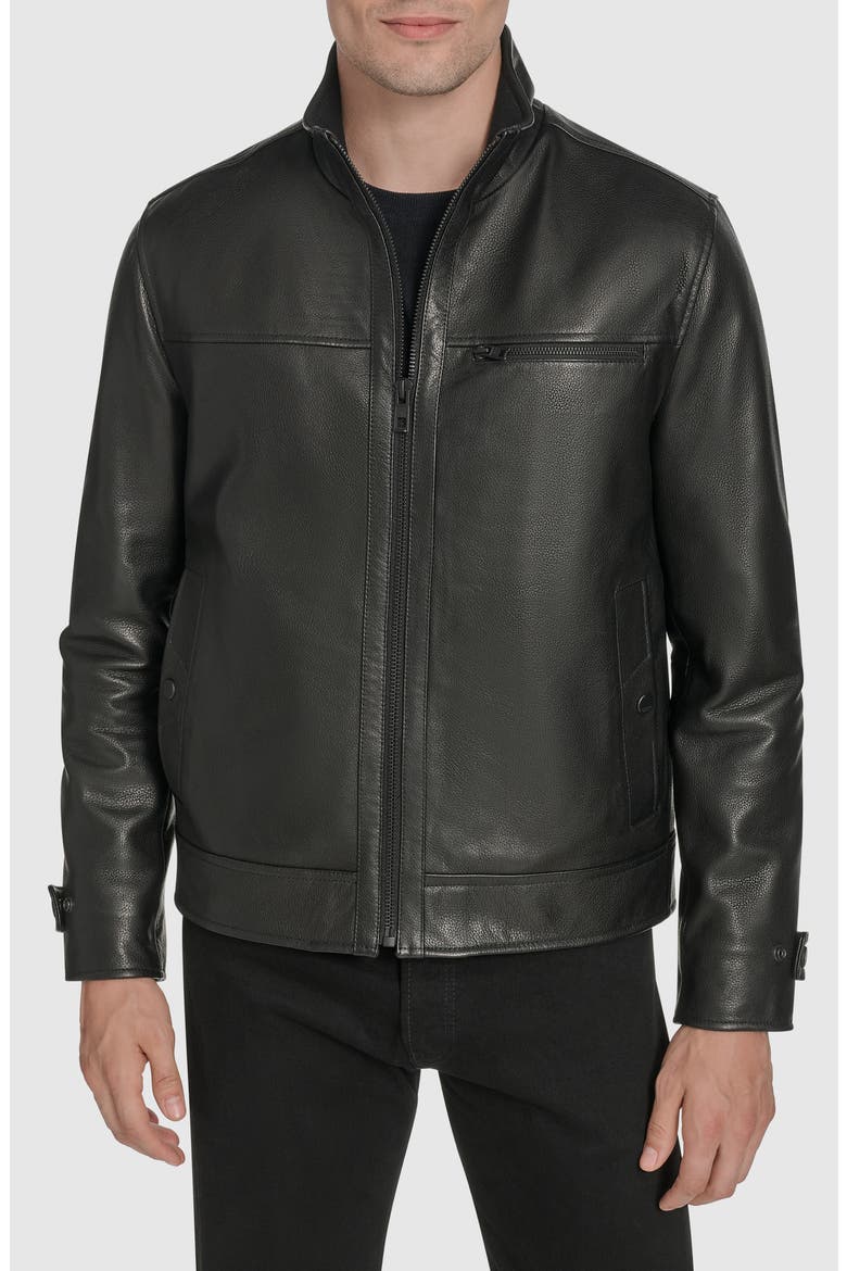 Stand Collar Leather Jacket, Main, color, BLACK