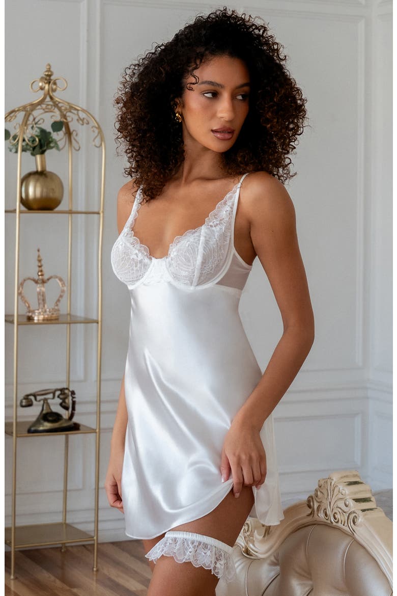 Lanie Lace Trim Underwire Chemise, Thong & Garter Set, Alternate, color, IVORY