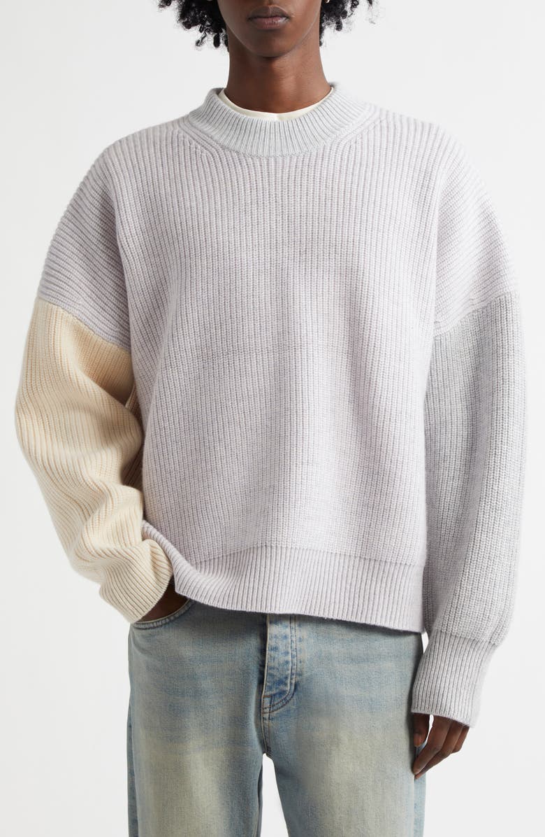 Waste Yarn Project Laerke Colorblock One of a Kind Crewneck Sweater, Main, color, Tonal White/ Beige/ Grey