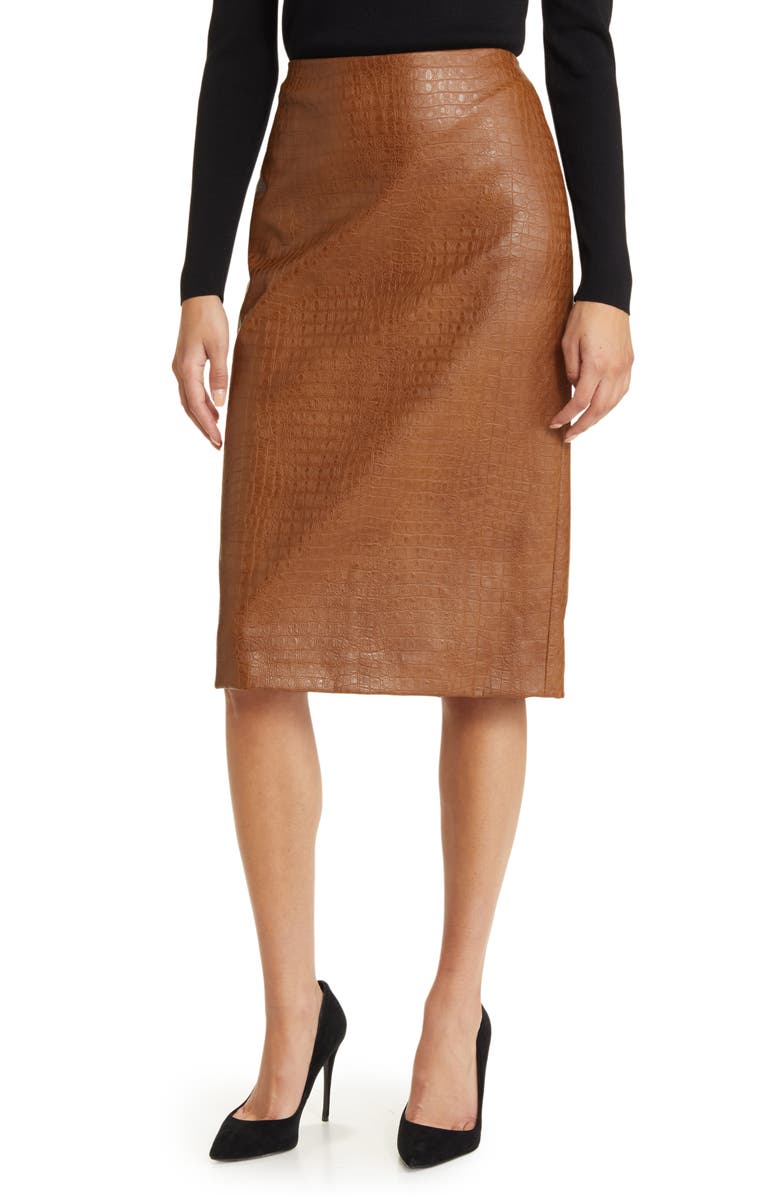 Anne Klein Croc Embossed Faux Leather Skirt, Main, color, 