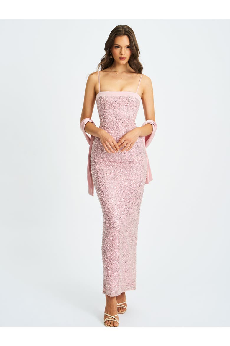 Raizel Beaded Sequin Bodycon Gown with Scarf, Alternate, color, Pink