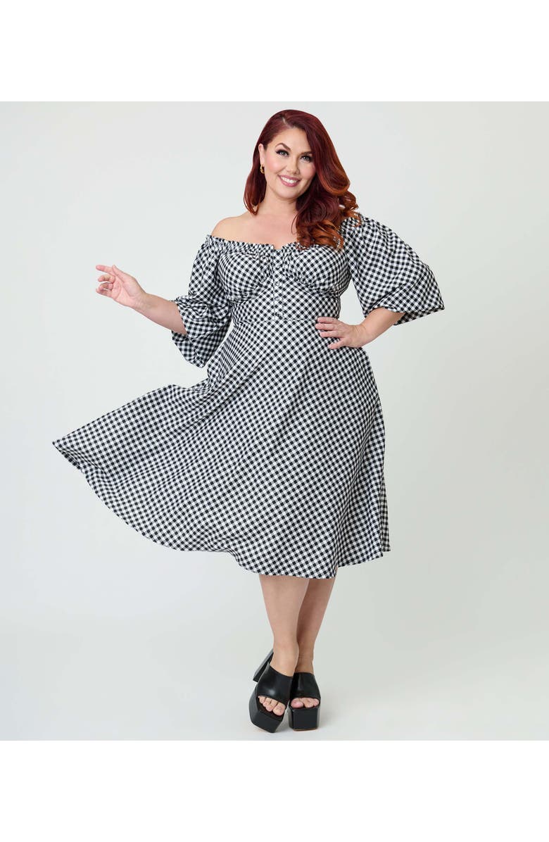 Unique Vintage Plus Size Peasant Sleeve Swing Dress, Main, color, Black & White Gingham