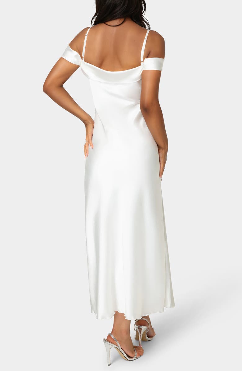 bebe Drape Shoulder Satin Midi Dress, Alternate, color, Ivory