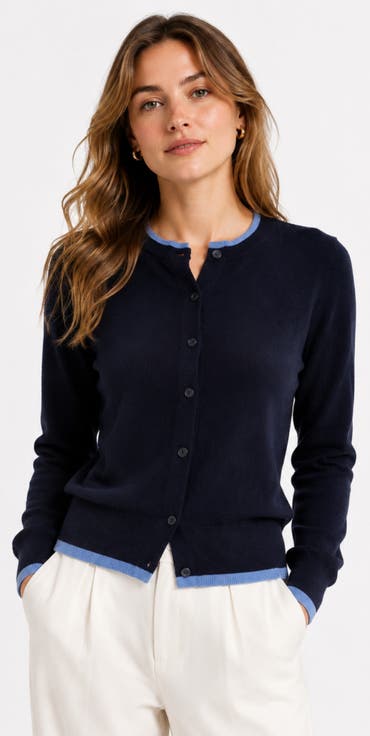Wool Blend Contrast Trim Button Cardigan