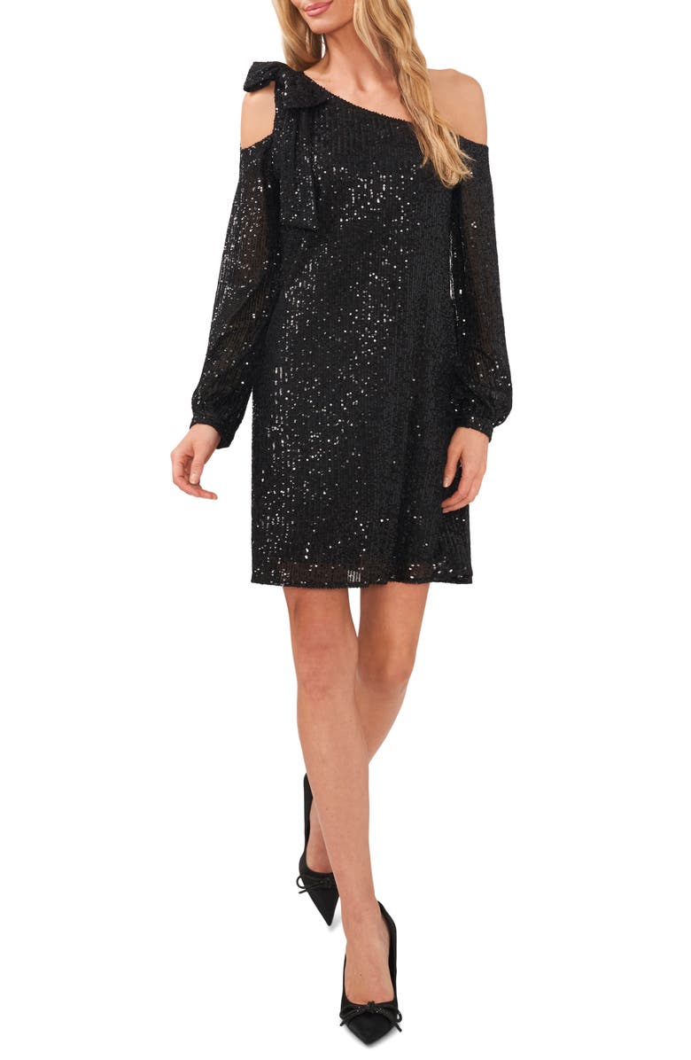 CeCe Sequin Long Sleeve One-Shoulder Dress, Main, color, 