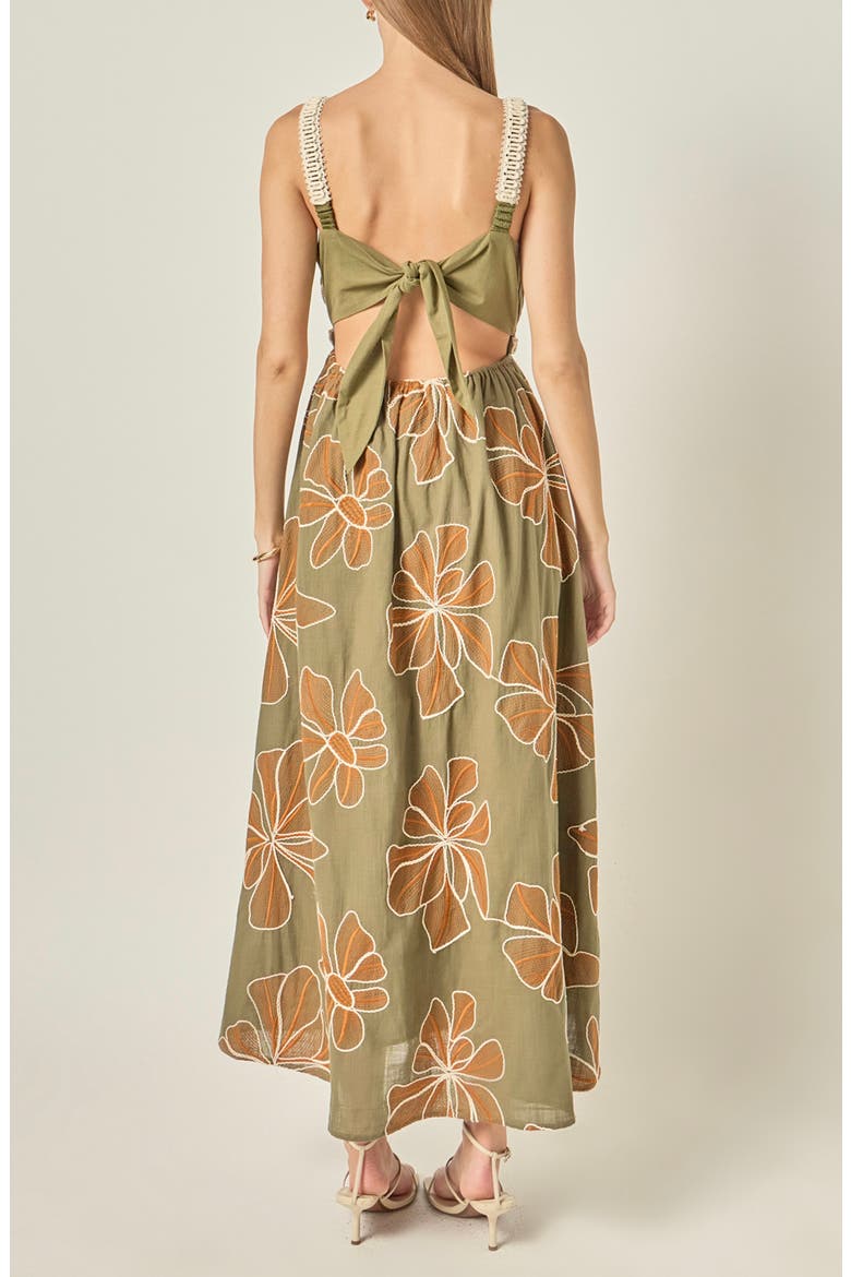 Embroidered Floral Waist Cutout Cotton Maxi Dress, Alternate, color, OLIVE/ CREAM