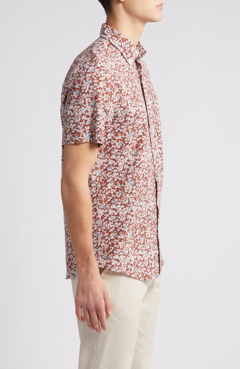 Nordstrom Trim Fit Floral Short Sleeve Stretch Cotton & Linen Button-Down Shirt, Alternate, color, 