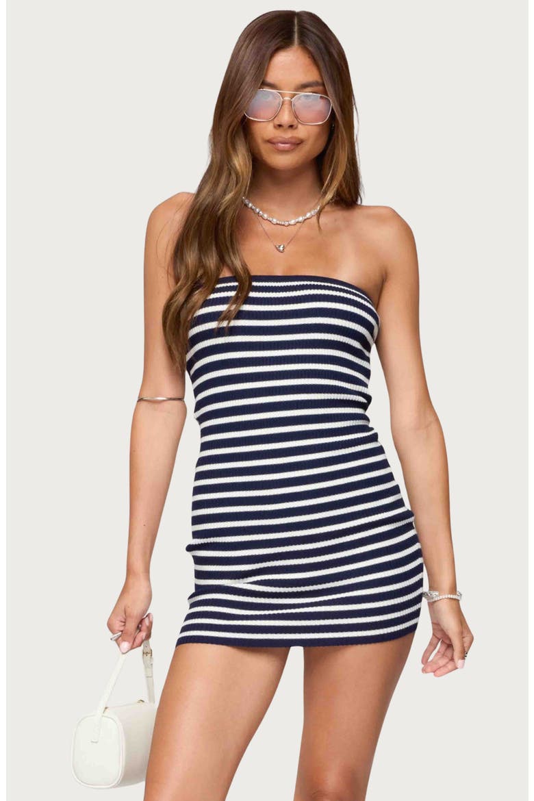 Parisa Stripe Strapless Rib Sweater Minidress, Alternate, color, NAVY-AND-WHITE