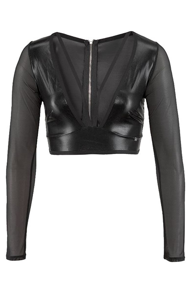 LASCANA Faux Leather Mesh Top, Alternate, color, Black