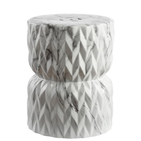 Chevron Drum 17.5" White Marble Finish Ceramic Garden Stool