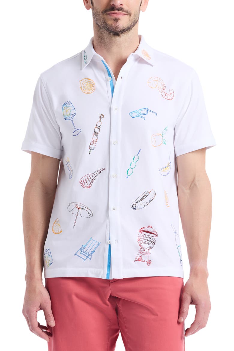 Out of Office Short Sleeve Knit Button-Up Shirt, Main, color, WHITE