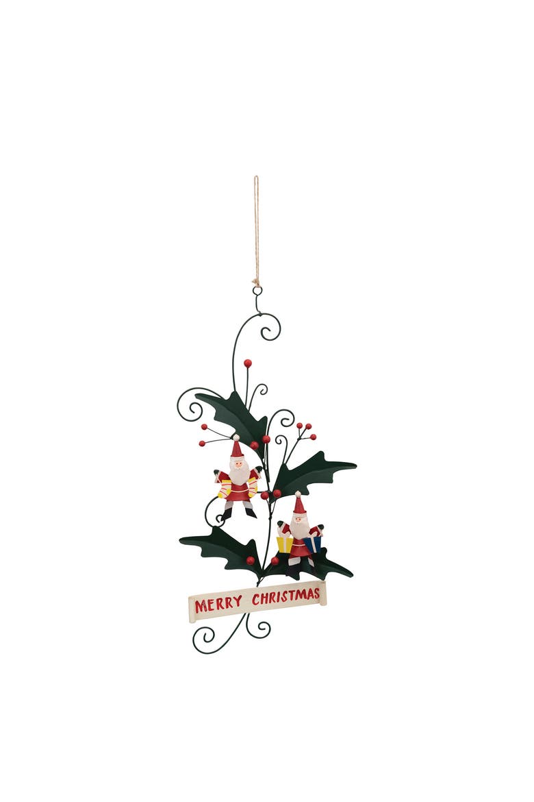 Tin Holly Sign with Santas & Message, Multicolor, Main, color, Multicolor