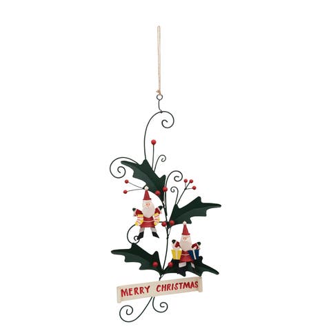 Tin Holly Sign with Santas & Message, Multicolor