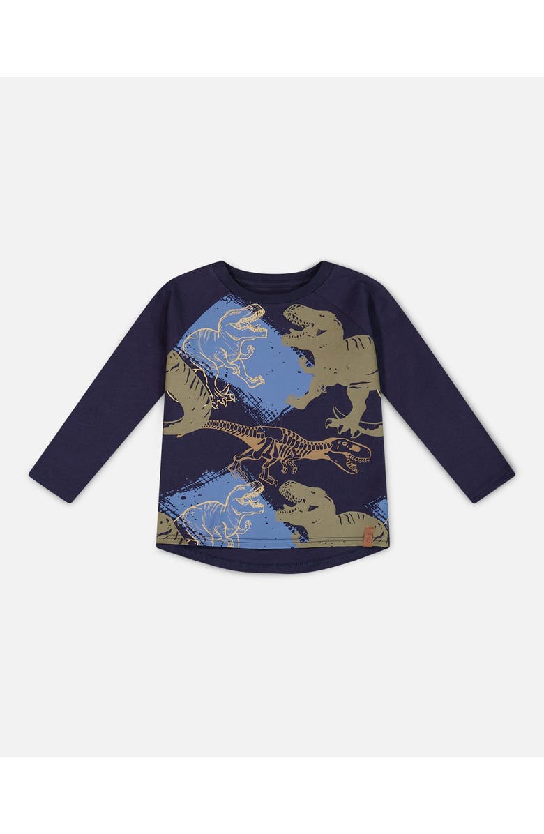 Deux par Deux Boy's Raglan T-Shirt With Dinosaure Print Navy, Main, color, 