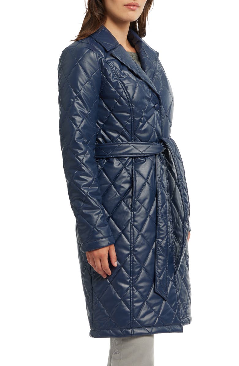 BADGLEY MISCHKA Quilted Faux Leather Trench Coat, Alternate, color, Navy
