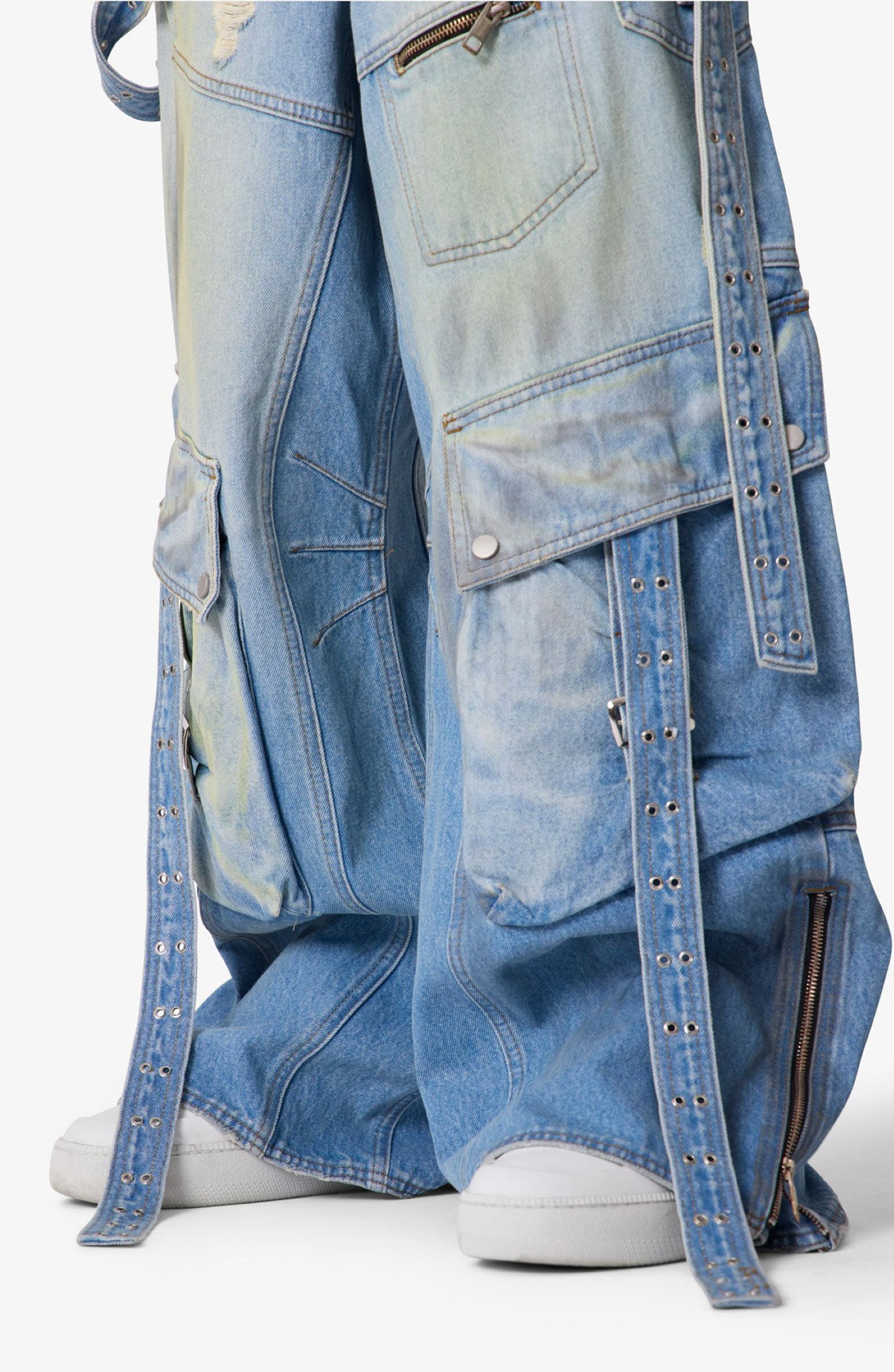 mnml Belt Accent Rave Denim Ultra Baggy Wide Leg Jeans (Men