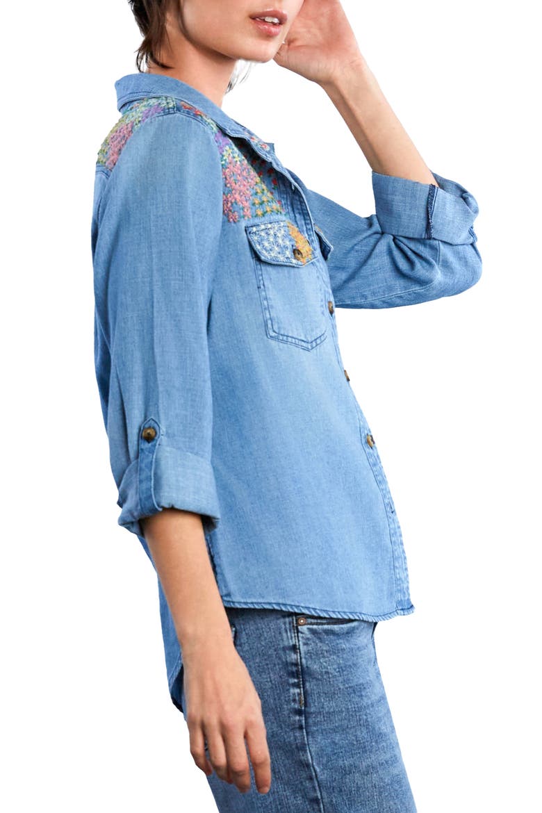 Flower Patch Embroidered Denim Button-Up Shirt, Alternate, color, DENIM