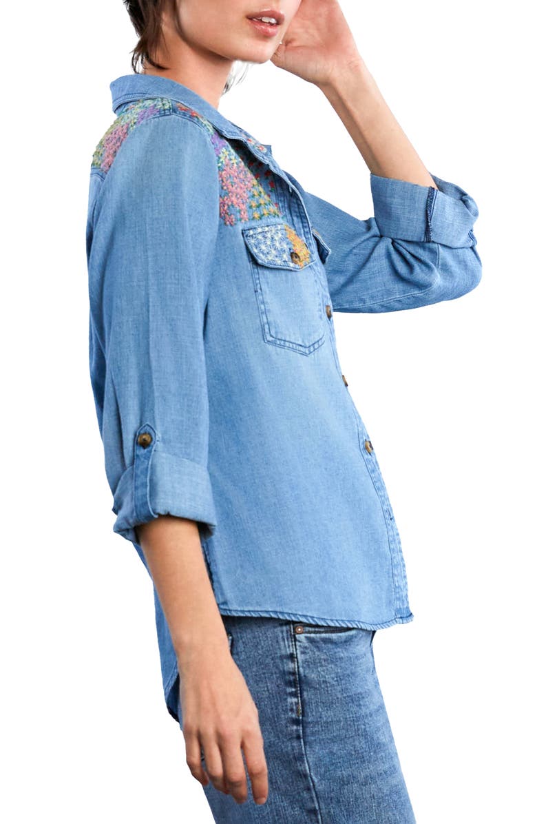 Billy T Flower Patch Embroidered Denim Button-Up Shirt, Alternate, color, Denim