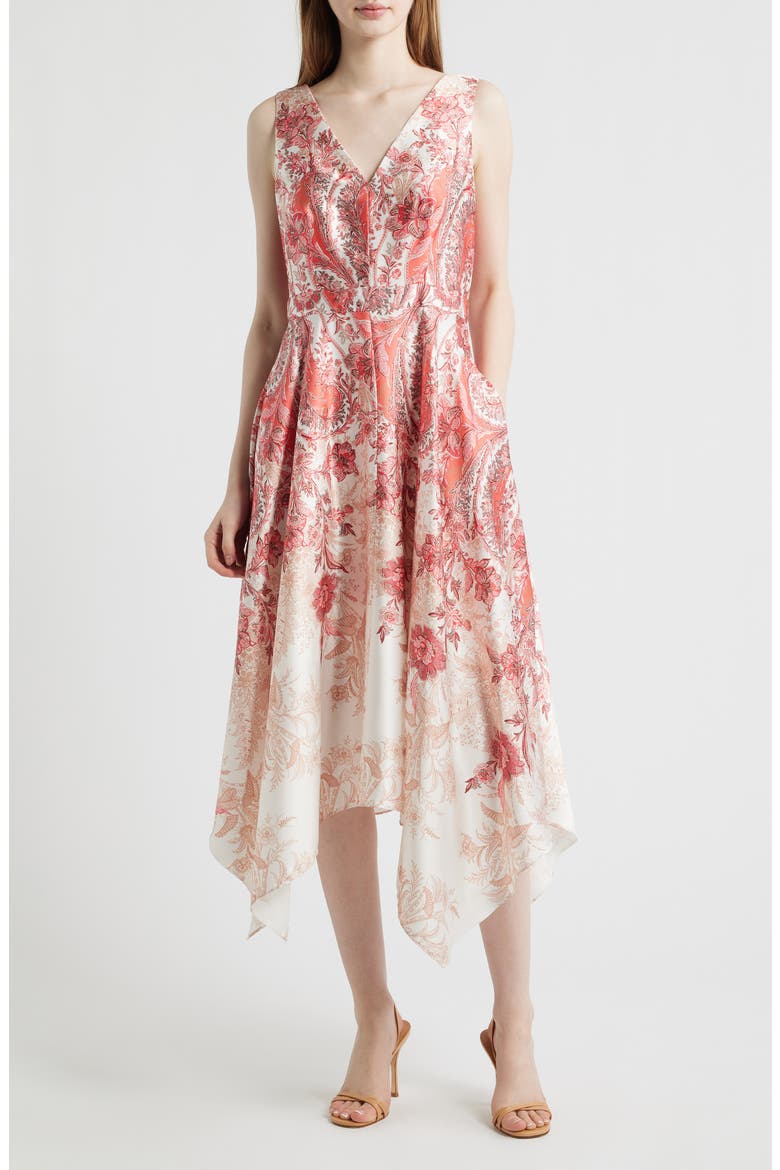 Scarf Print Handkerchief Hem Satin Midi Dress, Main, color, CORAL MULTI