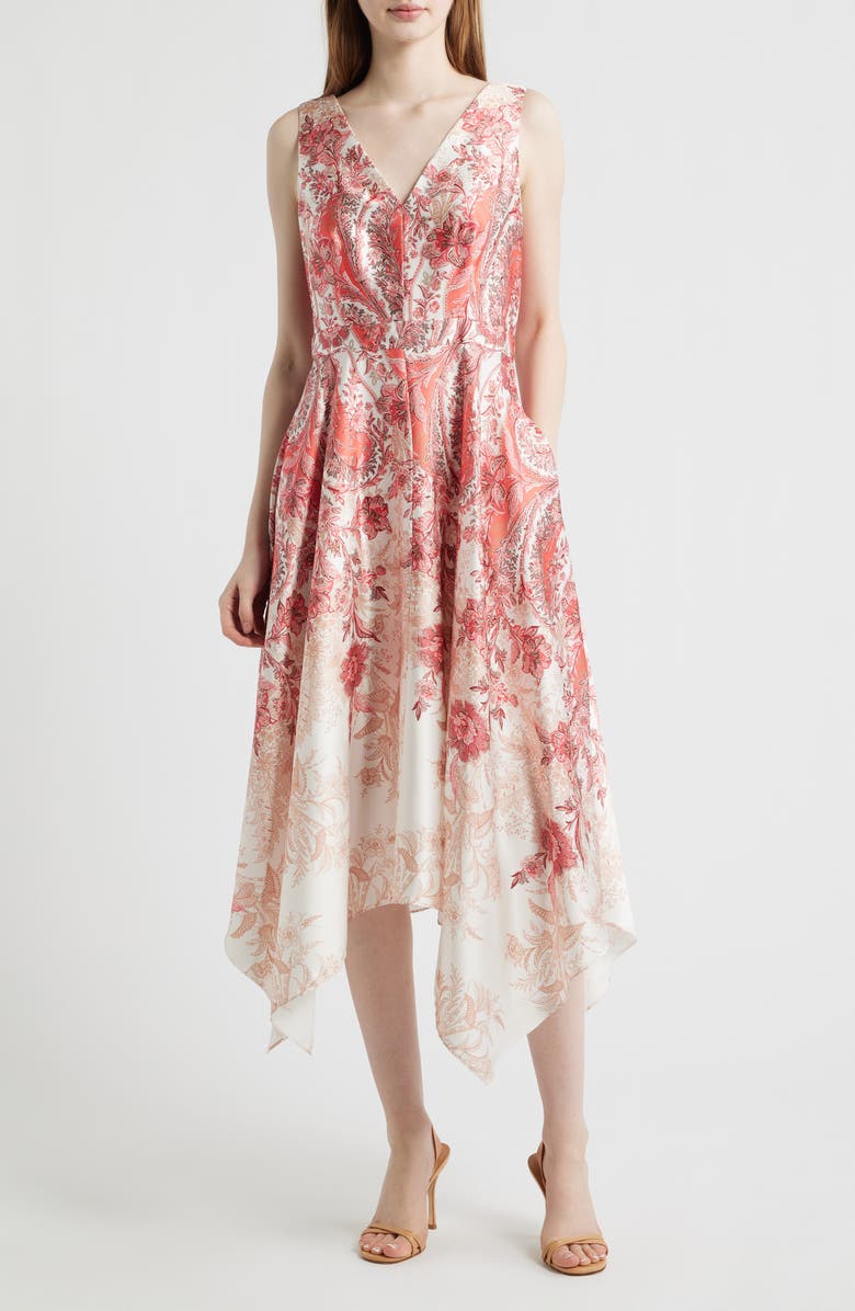 Vince Camuto Scarf Print Handkerchief Hem Satin Midi Dress, Main, color, Coral Multi