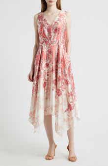 Scarf Print Handkerchief Hem Satin Midi Dress