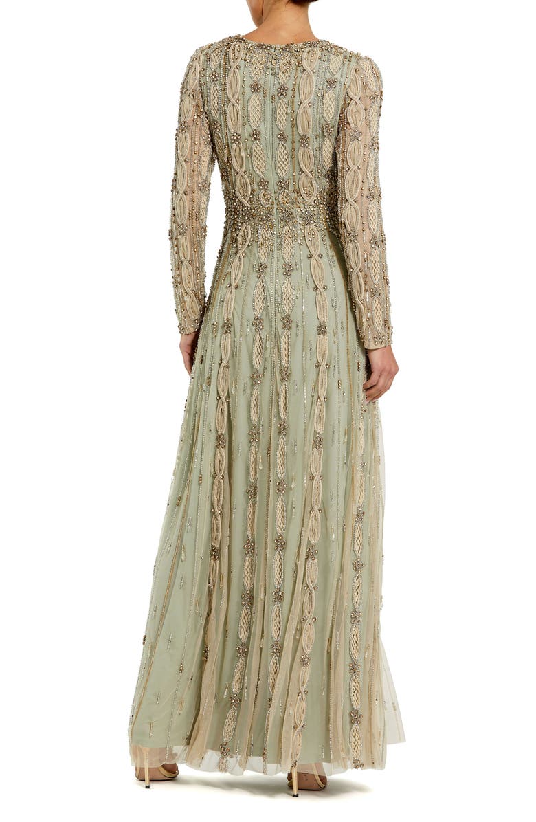 Mac Duggal Embellished Mesh Long Sleeve A Line Gown, Alternate, color, Light/Pastel Green