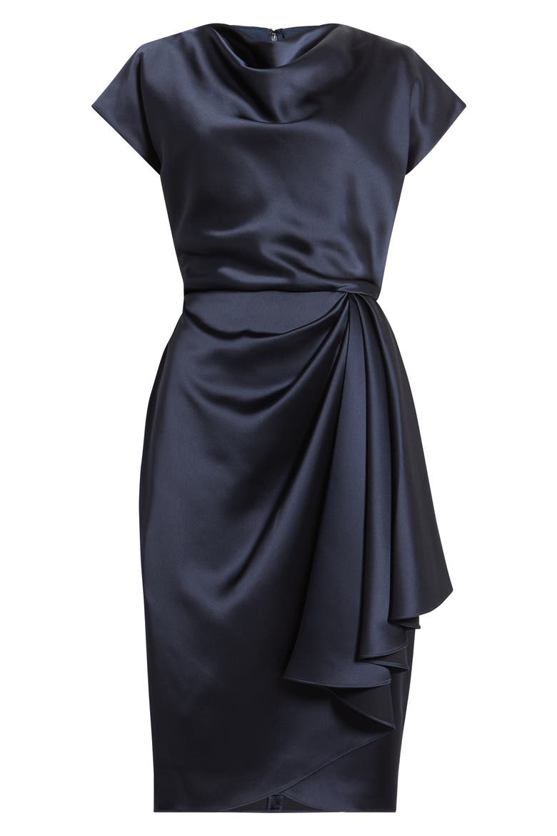 Cowl Neck Satin Sheath Dress, Alternate, color, NAVY