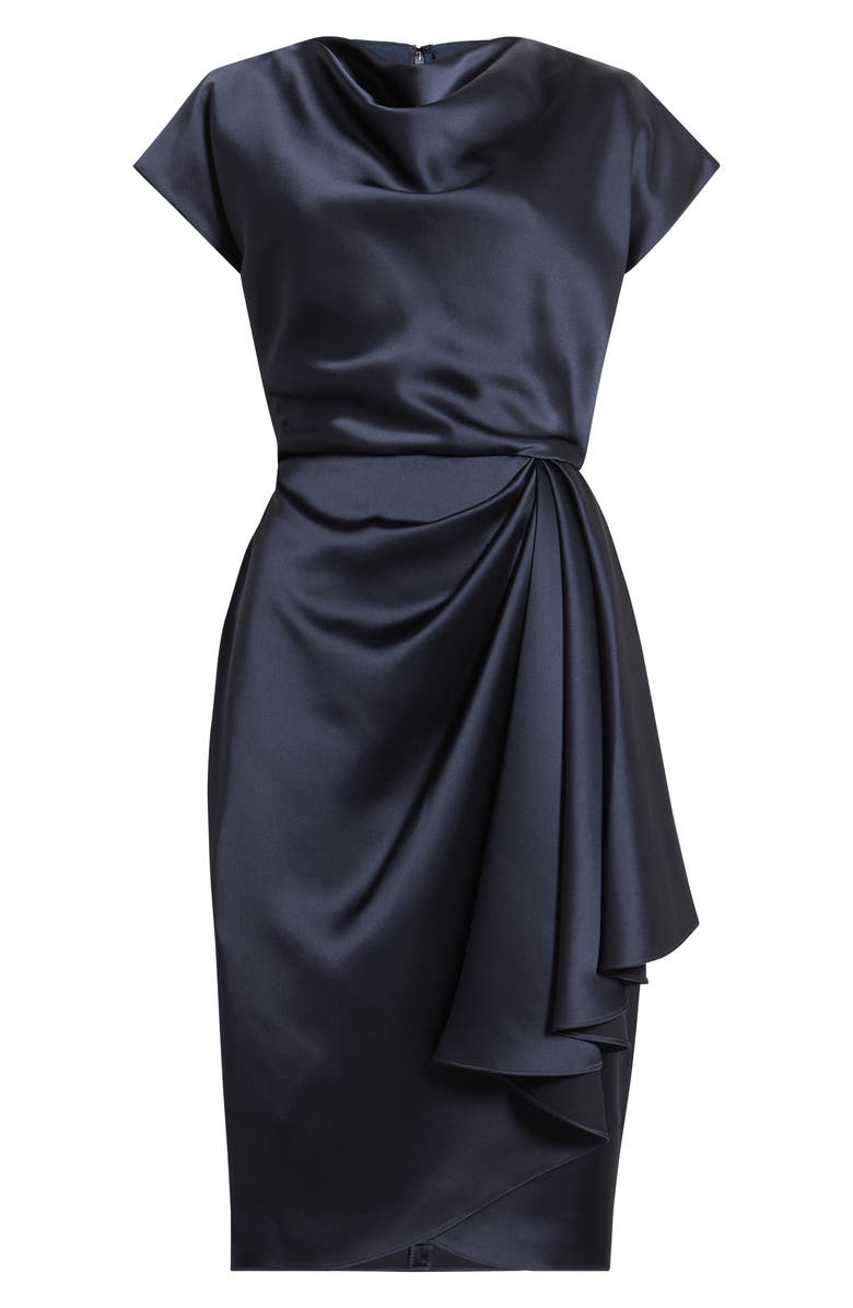 Amsale Cowl Neck Satin Sheath Dress, Alternate, color, Navy