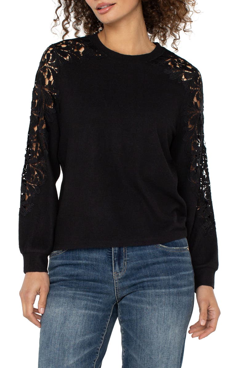 Liverpool Los Angeles Lace Inset Crewneck Knit Top, Main, color, Black