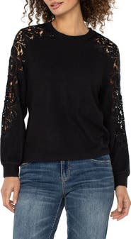 Liverpool Los Angeles Lace Inset Crewneck Knit Top