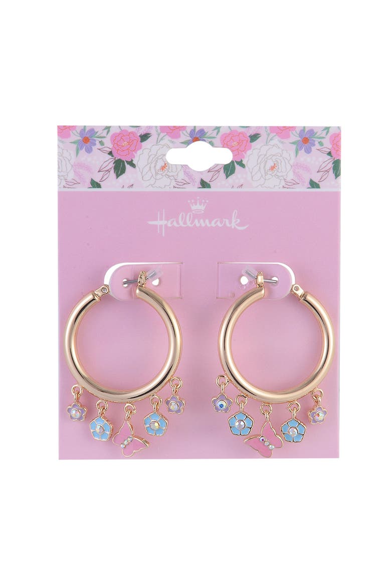 Gold Tone Hoop Earrings with Enamel Flower Drops, Alternate, color, Pink