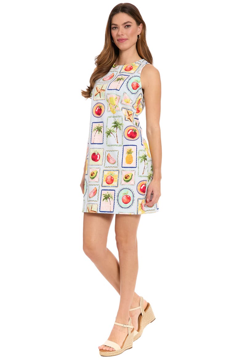 Print Sateen Shift Dress, Alternate, color, SKY BLUE/ ORANGE