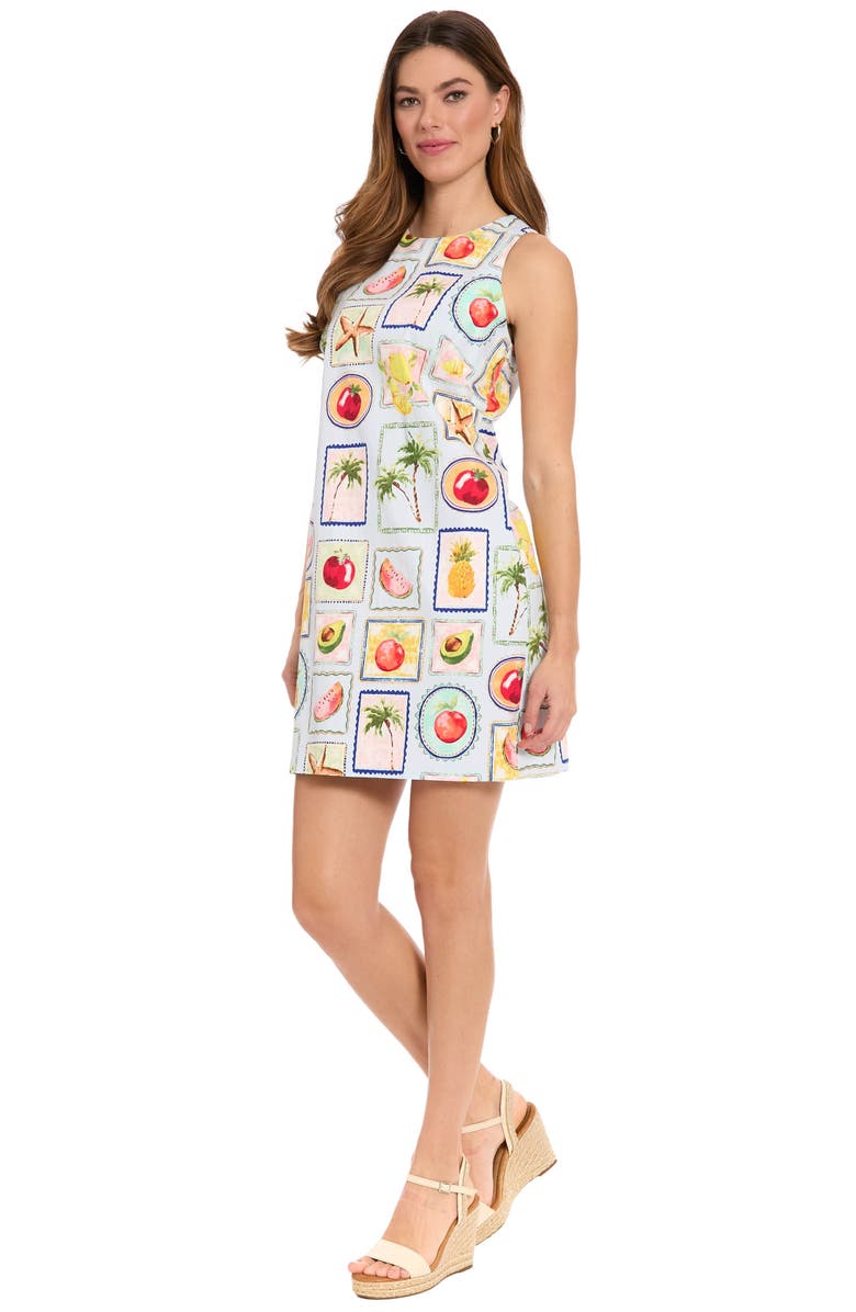 London Times Print Sateen Shift Dress, Alternate, color, Sky Blue/ Orange