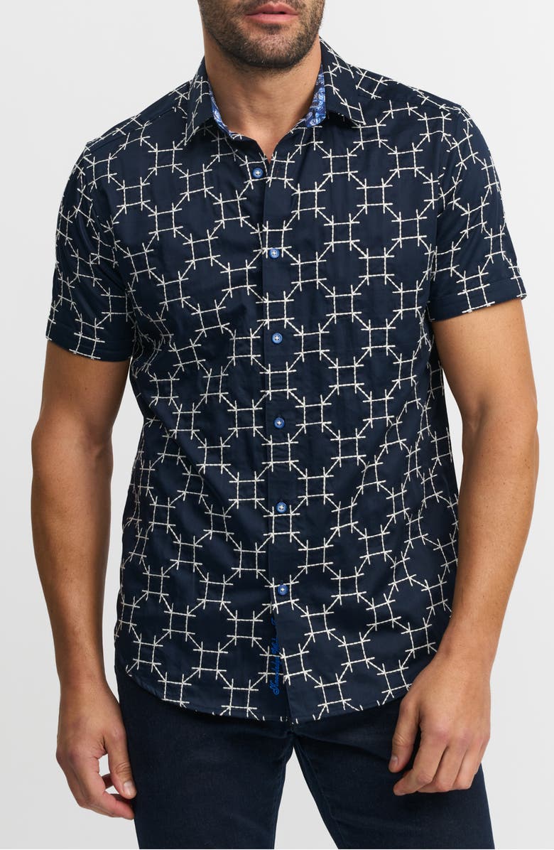 Robert Graham Weitzman Classic Fit Geo Embroidered Short Sleeve Cotton Button-Up Shirt, Main, color, 