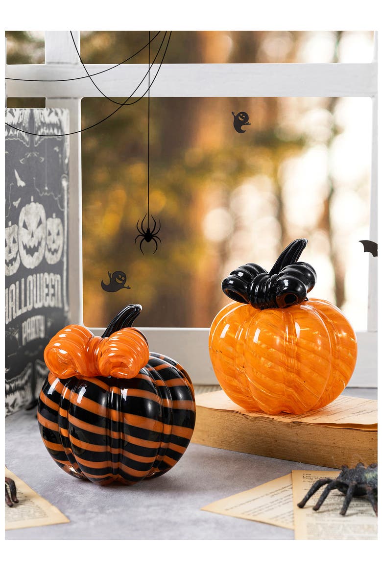 Halloween Striped Glass Pumpkin with Bow, Alternate, color, Orange