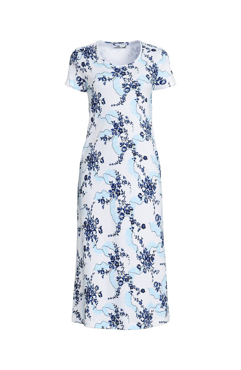 Lands' End Cotton Short Sleeve Midcalf Nightgown, Alternate, color, White/Muted Cobalt Lace Floral