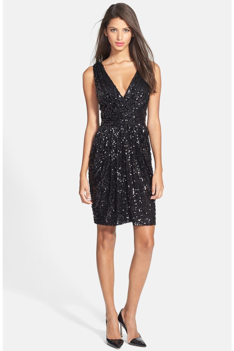 Sequin Gathered Sheath Dress, Alternate, color, BLACK