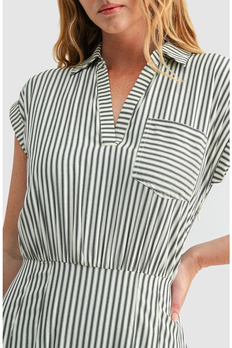Stripe Collared Short Sleeve A-Line Midi Dress, Alternate, color, CREAM BLACK