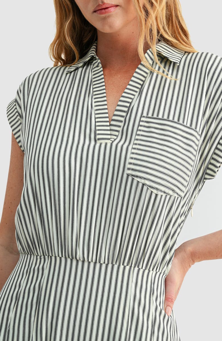 Mila Mae Stripe Collared Short Sleeve A-Line Midi Dress, Alternate, color, Cream Black