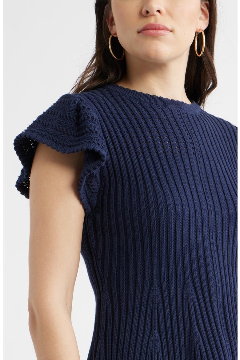 Flutter Sleeve Pima Cotton Sweater, Alternate, color, NAVY STILL
