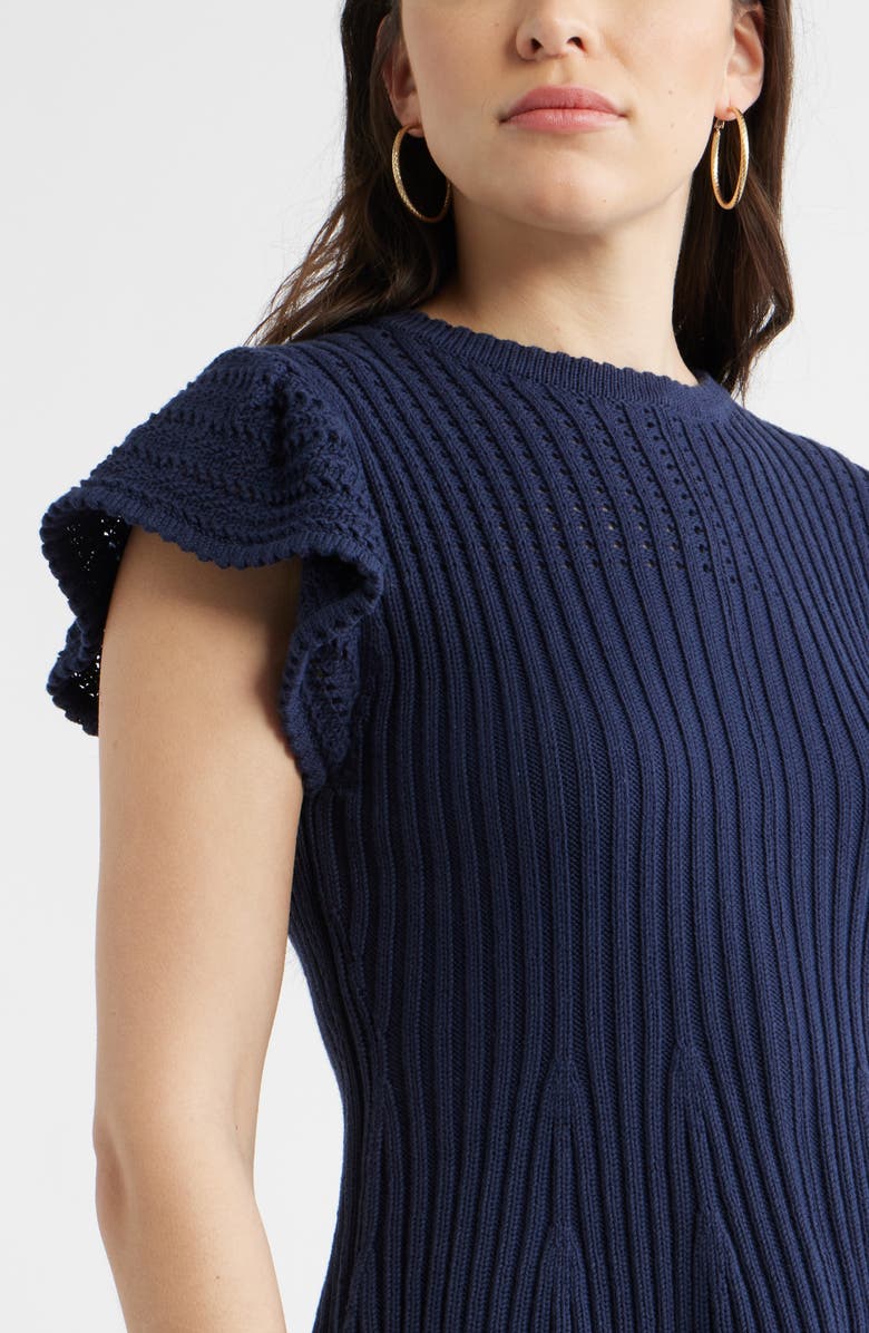 Caslon<sup>®</sup> Flutter Sleeve Pima Cotton Sweater, Alternate, color, Navy Still