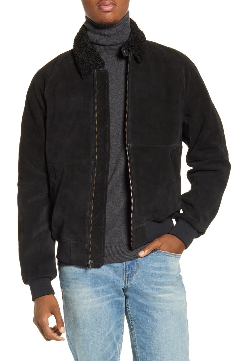 x Alex Costa Fleece Collar Suede Bomber Jacket, Main, color, BLACK ROCK
